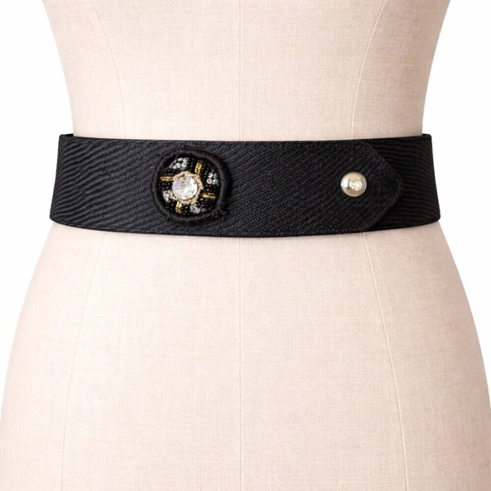 Vintage Valentino Night Black Beaded Fabric Leather Waist Belt xs 80s